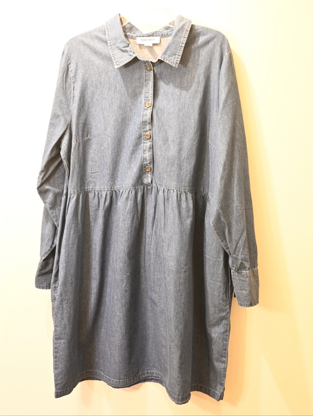 Button-Front Chambray Collared Shirt Cotton Tunic Mini Dress Pockets Blue XXL